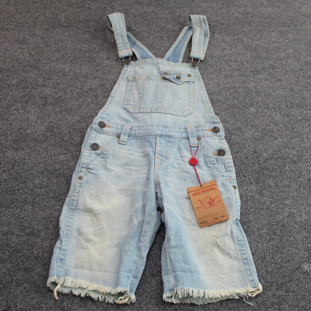 True Religion Bridgette Bugsy G Overalls Denim Distressed Light Wash Size 26